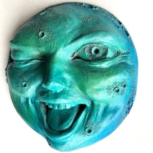 Handmade Wall Sculpture, Joyful Winking Full Moon in Weatherproof Cast Stone for Home and Garden Decor, Great Gift Too