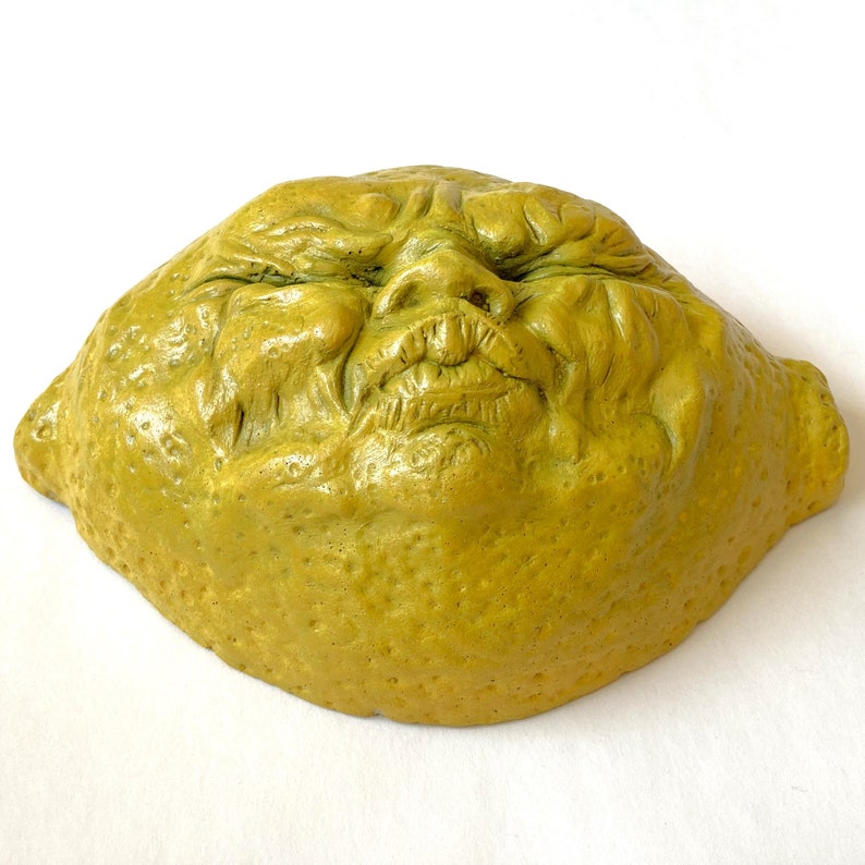 Handmade Yellow Lemon Face, Weatherproof Wall Sculpture, Ready-to-Hang Artwork Yard Art or Garden Decor, Original Cast Stone Sculpture image 9