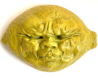 Escultura de parede original feita à mão em formato de rosto de limão, enfeite de parede estilo estatueta pronto para pendurar, decoração de casa, presente fofo