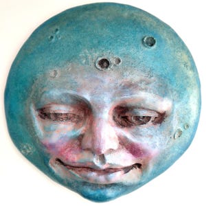 Handmade Full Moon Face Wall Sculpture, Weatherproof Indoor-Outdoor Cast Stone, Hand-painted