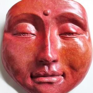 Serene Red Buddha Wall Sculpture, Cast Stone Garden and Yard Art by Claybraven