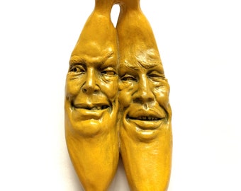 Handmade Banana Sculpture, Yellow Wall Art, Cute Funny Banana Sculpture, Kitchen, Dining or Garden, Indoor Outdoor Art, Fruit with Faces