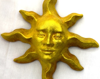 Handmade Gold Sun Face Wall Sculpture for Home, Garden, Yard, Patio, Gift, Indoor or Outdoor