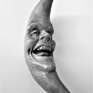 Handmade Laughing Moon 9&quot; Original Figurine-Style Wall Sculpture, Ready to Hang, Indoors or Out