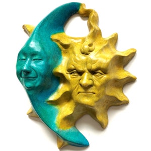 10&quot; Handmade Figurative Wall Sculpture of Sun & Moon, Weatherproof Cast stone, Signed Original Collectible Artwork, Gift Idea