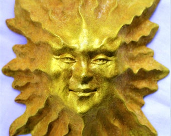 8" Golden Sun Face Wall Sculpture, Cast Stone Classic Art Object by Claybraven