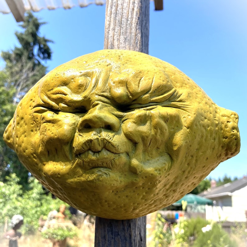 Handmade Yellow Lemon Face, Weatherproof Wall Sculpture, Ready-to-Hang Artwork Yard Art or Garden Decor, Original Cast Stone Sculpture image 1