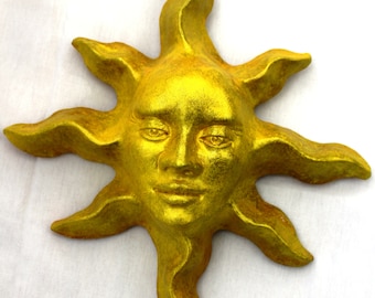 Collectible Handmade Gold Sun Face Wall Sculpture for Home and Garden, Great Gift