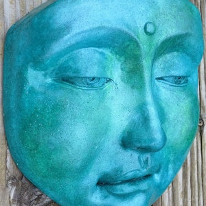 Handgefertigte Blaue Zen Buddha Maske, Heilende Wandskulptur, Echte Kunst für Wohnkultur