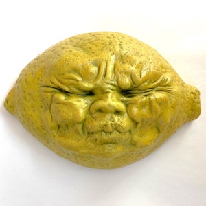 Handmade Yellow Lemon Face, Weatherproof Wall Sculpture, Ready-to-Hang Artwork Yard Art or Garden Decor, Original Cast Stone Sculpture image 4