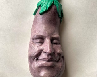 Garden Eggplant Face, a Unique Weatherproof Handmade Aubergine Wall Sculpture for Indoor or Outdoor Home Decor