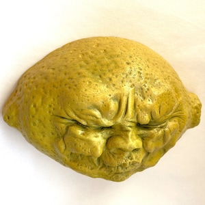 Handmade Yellow Lemon Face, Weatherproof Wall Sculpture, Ready-to-Hang Artwork Yard Art or Garden Decor, Original Cast Stone Sculpture image 5