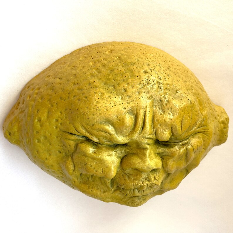 Handmade Yellow Lemon Face, Weatherproof Wall Sculpture, Ready-to-Hang Artwork Yard Art or Garden Decor, Original Cast Stone Sculpture image 5