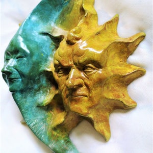 10&quot; Original Sun & Moon Figurine Wall Decor, a Ready-to-Hang Sculpture by Claybraven