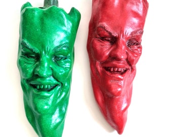 Two Unique Wall Sculptures, Weatherproof Indoor-Outdoor Handmade Red & Green Chili Peppers for Home Interior, Kitchen, Garden