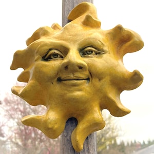 7&quot; Handmade Sun Face, Weatherproof Wall Sculpture, Ready-to-Hang Artwork Yard Art or Garden Decor, Original Cast Stone Sculpture