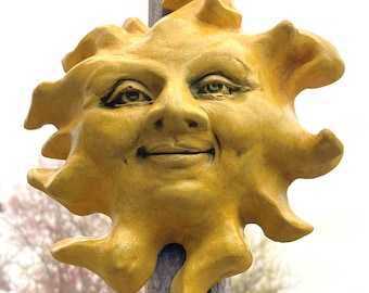 7" Handmade Sun Face, Weatherproof Wall Sculpture, Ready-to-Hang Artwork Yard Art or Garden Decor, Original Cast Stone Sculpture