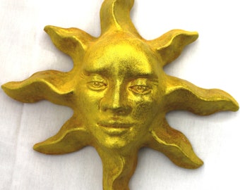 Handmade Golden Sun Face Wall Art Garden Celestial Mask Sculpture Gift