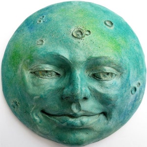 Turquoise Blue Green Moon Face Wall Sculpture, a Classic Weatherproof Lunar Decor Accent for Home or Garden, by Claybraven