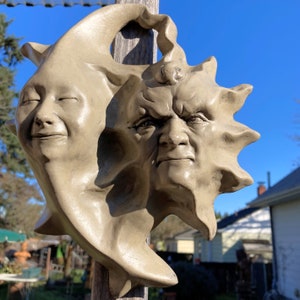 Unique Outdoor Wall Sculpture: 10&quot; Weatherproof Sun & Moon by Claybraven