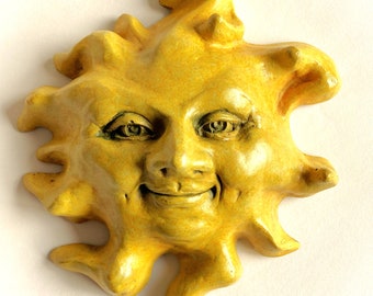 Handmade 7" Amber Yellow Sun Face Wall Sculpture, a Folk Art Classic in Cast Stone, Home Decor Artwork Accent, Cute Gift