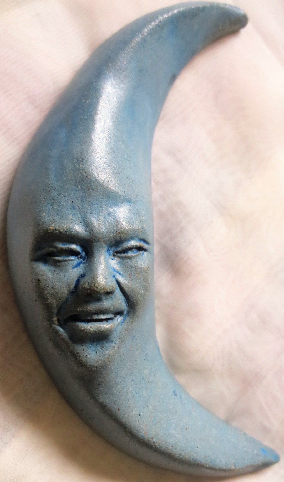 Blue Crescent Moon Man Home Interior Accent, Uniqe Handmade Wall Art