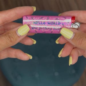 May include: A pink lighter with the words "HELLO WORLD you f*cking suck" printed on it. The lighter has a red ignition button and a silver metal tip. The background is a dark teal color.