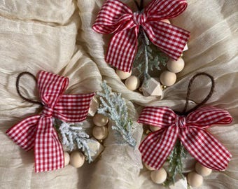 Mini Wooden Bead Christmas Wreath Ornament • Red Gingham Bow