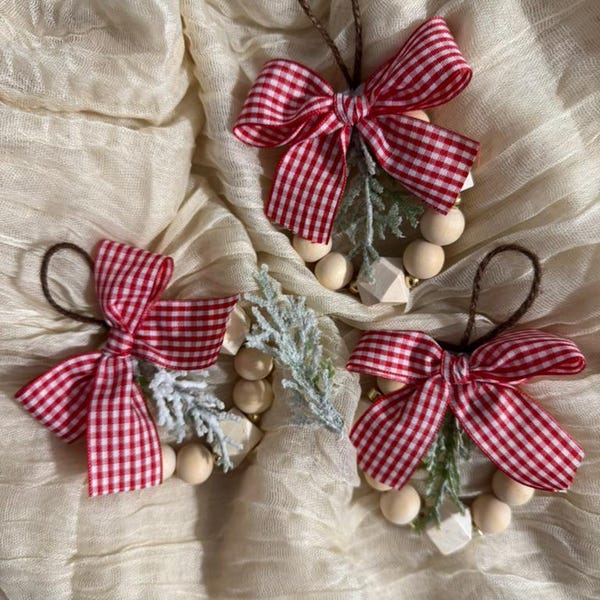 Mini Wooden Bead Christmas Wreath Ornament • Red Gingham Bow