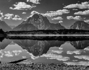 Teton Reflections in Black and White Horizontal Photograph