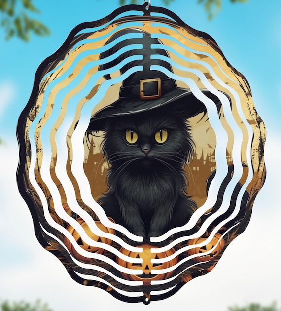 Cute Halloween Black Cat with Hat on your choice of 8" or 10" Wind Spinner, Item, Optional Spiral Tail Available, FAST SHIPPING!