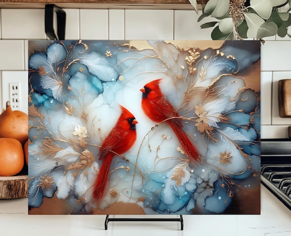 Cardinals Cutting Board, Alcohol Ink Look, Tempered Glass, Choice of Size, Can Personalize, FAST SHIPPING!