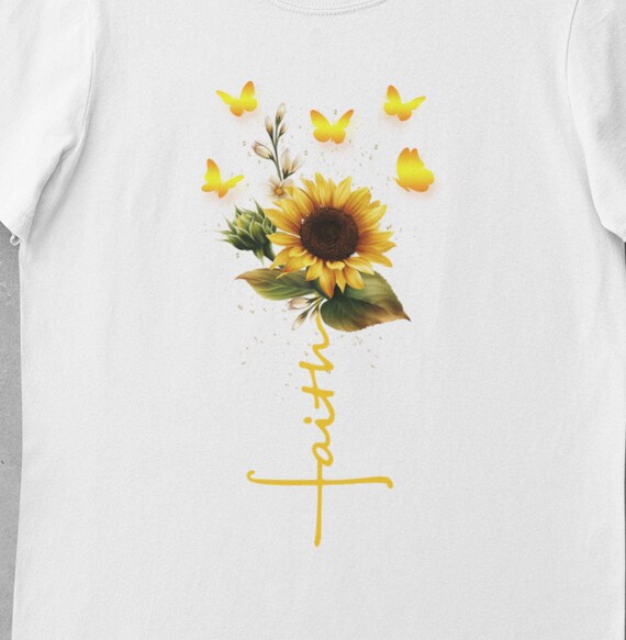 Pretty Sunflower with Faith Stem and Butterflies T-Shirt
