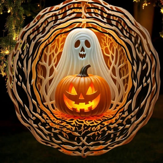 Fun, Colorful Ghost with Jack 'o Lantern 10" Halloween Wind Spinners, Optional Spiral Tail Available, FAST SHIPPING!