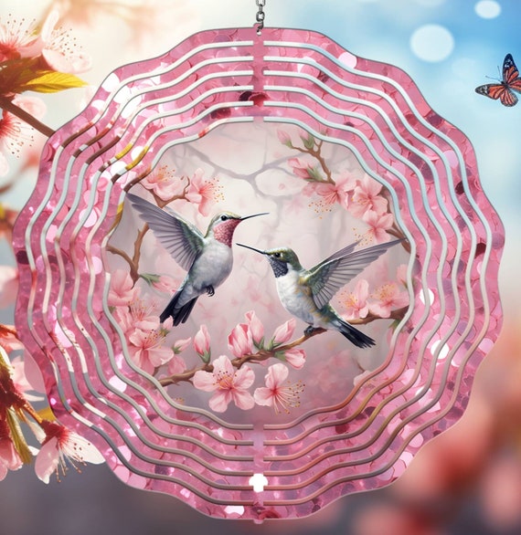 Pair of Hummingbirds dancing amongst pretty pink flowers, 10" Wind Spinner, Optional Spiral Tail Available,  FAST SHIPPING!