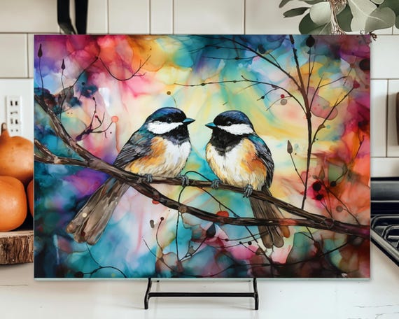 Beautiful alcohol-ink Chickadees Tempered Glass Cutting Board, Choice of 11"x8" or 15"x11"board, FAST SHIPPING!