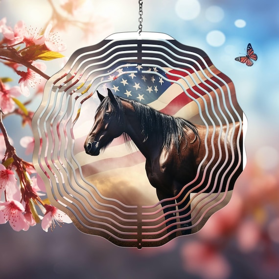 Horse American Flag 10" Wind Spinner, Optional Spiral Tail Available, FAST SHIPPING!