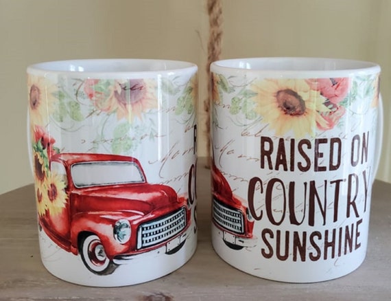 Raised on Country Sunshine 11 oz Coffee Mug, Old Red Truck with Sunflowers, Great Gift for Friends, Great Gift for Co-workers, Neighbors..