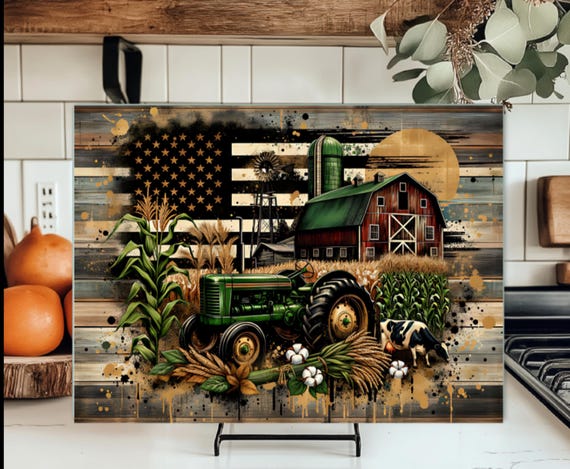 Rustic Farm Image on Large 15"x11" Tempered Glass Cutting Board, DISHWASHER SAFE!, Fast Shipping!