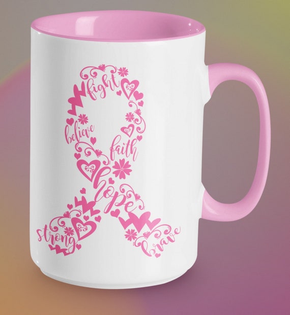 Breast Cancer Awareness LARGE 15 oz coffee mug, Breast Cancer Ribbon, Pink Hearts and Words regarding Breast Cancer