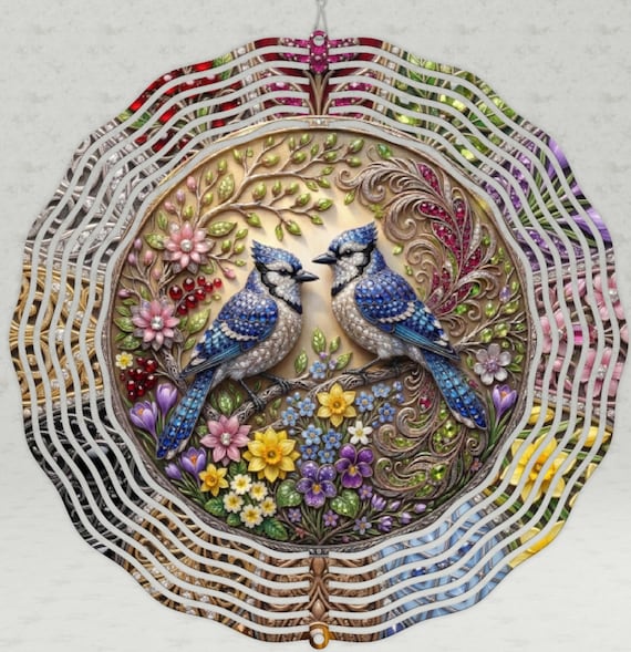 Blue Jays Wind Spinner with vibrant, jeweled look, Choice of 8", 10" or 12" Size, Optional spiral tail available, FAST SHIPPING!