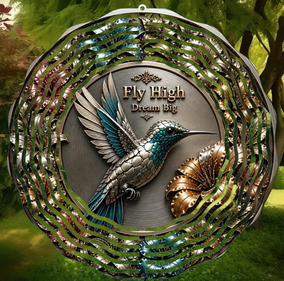 Hummingbird 3D-Look Metallic Floral Art "Fly High, Dream Big" on 8", 10", or 12" Spinner, Optional Spiral Tail Available, FAST SHIPPING!