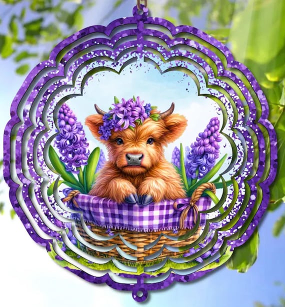 Highland Cow and Purple Flowers, Choice of 8" or 10" Wind Spinner, Optional Spiral Tail Available, FAST SHIPPING!
