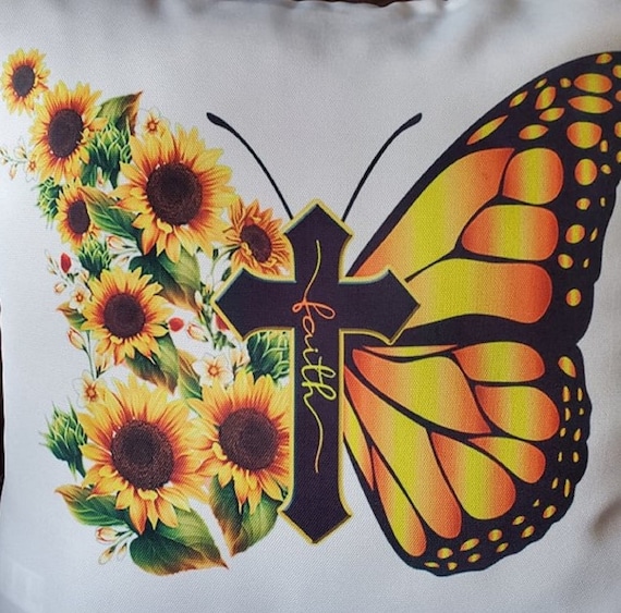 CLEARANCE! Pillow Cover for 18"x18" Pillow, Faith/Sunflower/Butterfly Print, Nice Gift, FAST SHIPPING!