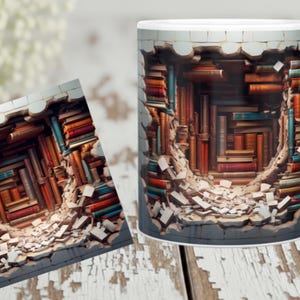 May include: A white ceramic mug featuring a wrap-around graphic of a hole in a brick wall revealing a library filled with colorful stacked books. The design shows debris at the base of the opening, creating a three-dimensional effect on the surface.