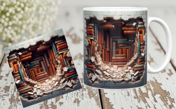 Great Gift for Book Lovers! 3D-Look Mug, Choice of 11 oz or 15 oz, Optional Matching Ceramic Coaster Available, FAST SHIPPING!