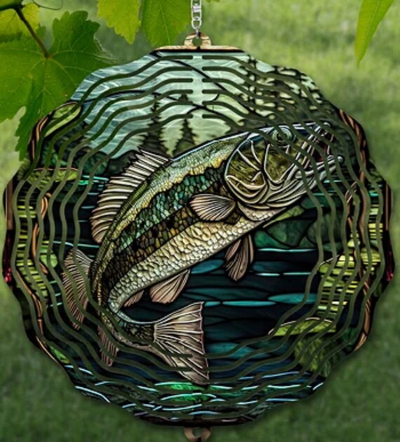 Bass Fish Stained Glass Look 10" Wind Spinners, All Weather, Optional Spiral Tail Available, FAST SHIPPING!