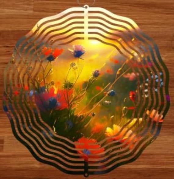 Nature's beautiful "Wildflowers at Sunset" 10" Wind Spinner, Item #SP331, Optional Spiral Tail Available. All Weather, FAST SHIPPING!