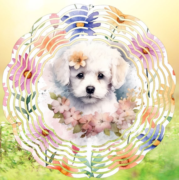 Adorable Dogs surrounded by flowers on a 10" Wind Spinner, Many Breeds Available, FAST SHIPPING!