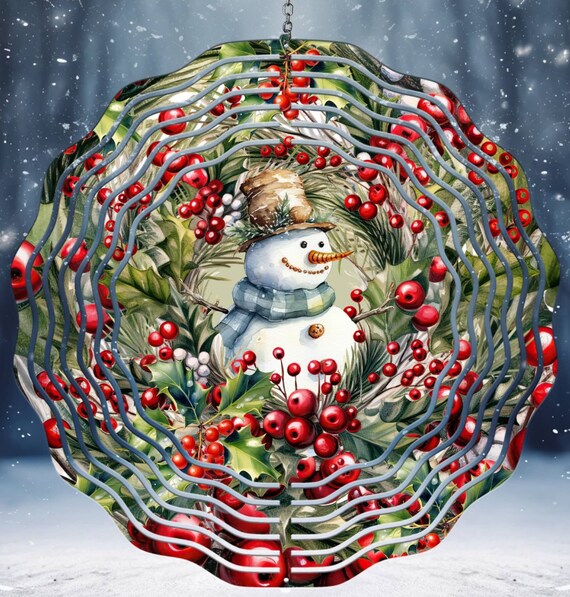 Beautiful Snowman in Cranberry Wreath Wind Spinners, Optional Spiral Tail Available, Great Gifts! FAST SHIPPING!